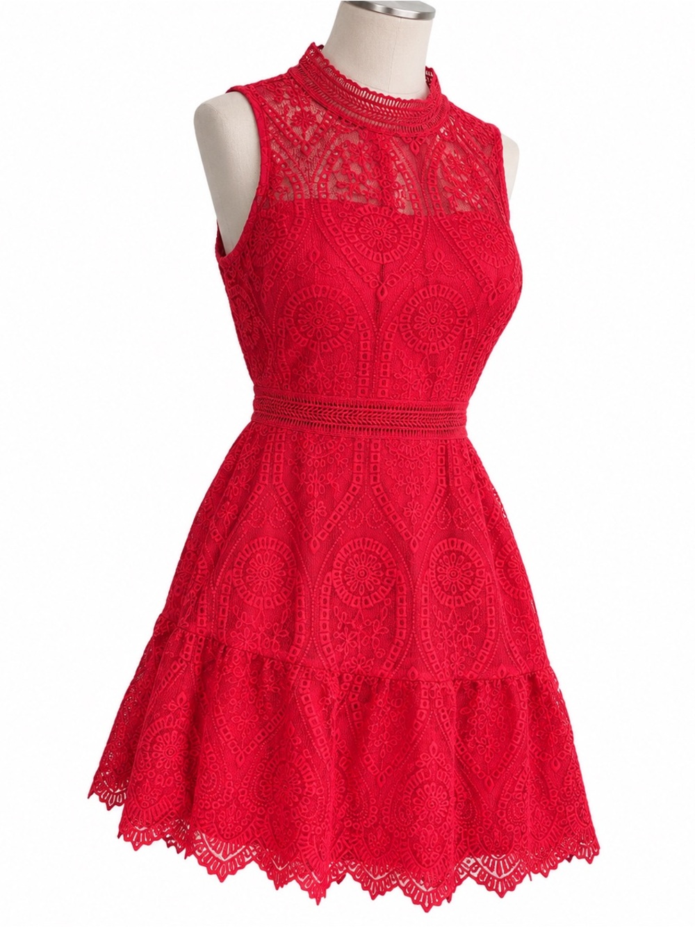 SHEIN Red Sleeveless Lace Midi Dress